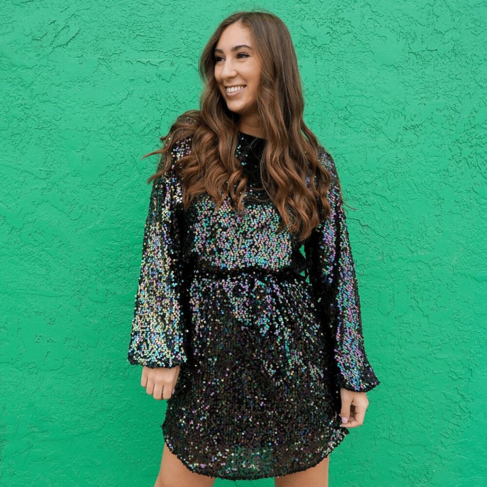 NWT - Sequin Puff Sleeve Black Long Sleeve Party Dress